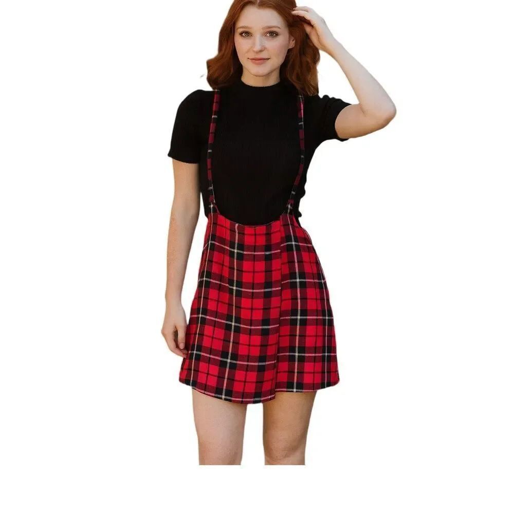 Vintage red black plaid mini skirt suspenders grunge edgy alternative